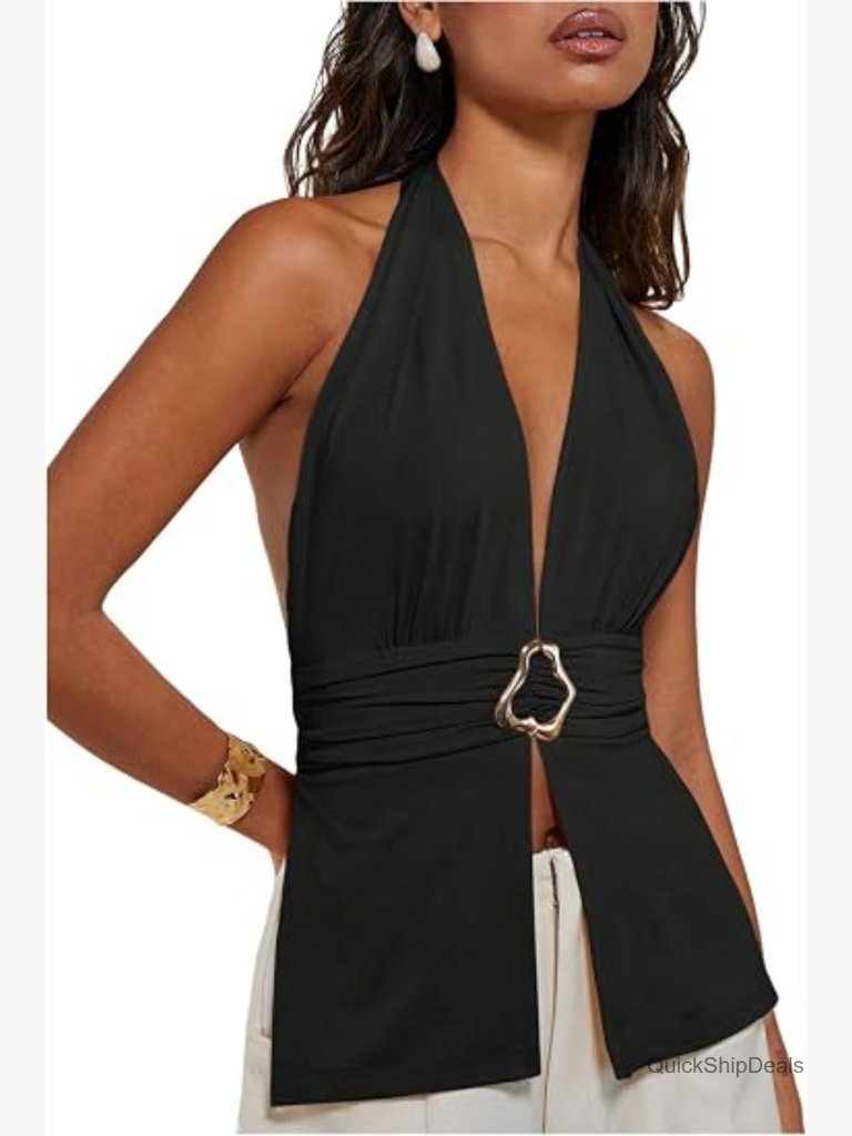 Tie Backless Halter Top Deep V Neck Y2k Sleeveless Fitted Going Out